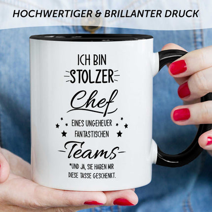 SEO. Bedruckte Tasse mit Spruch Stolzer Chef - Schwarz & Weiß Linkreich