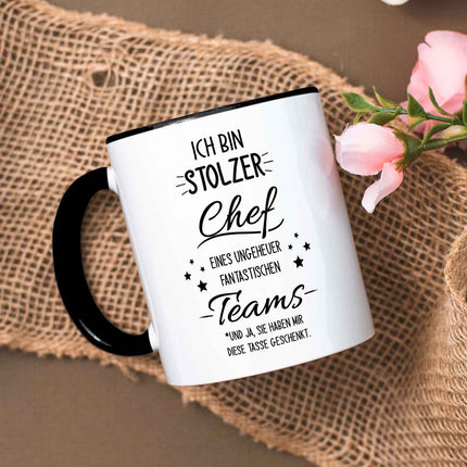 SEO. Bedruckte Tasse mit Spruch Stolzer Chef - Schwarz & Weiß Linkreich