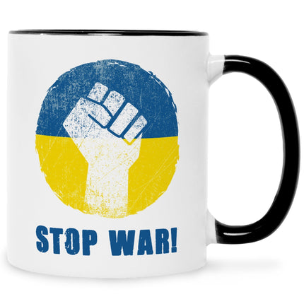 SEO. Bedruckte Tasse mit Spruch Stop War Ukraine - Schwarz & Weiß Linkreich
