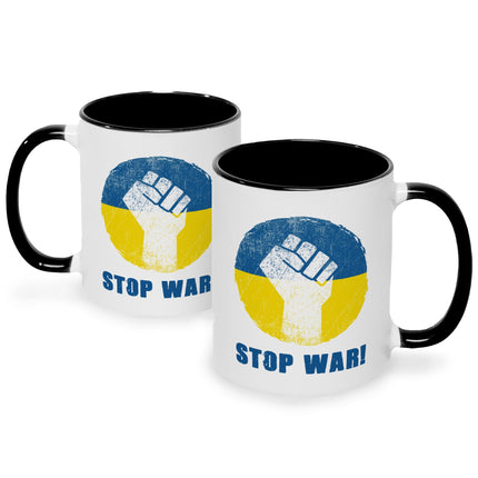 SEO. Bedruckte Tasse mit Spruch Stop War Ukraine - Schwarz & Weiß Linkreich