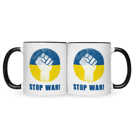 SEO. Bedruckte Tasse mit Spruch Stop War Ukraine - Schwarz & Weiß Linkreich