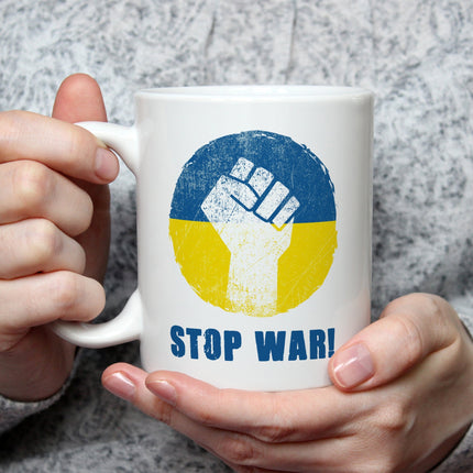 SEO. Bedruckte Tasse mit Spruch Stop War Ukraine - Weiß Linkreich