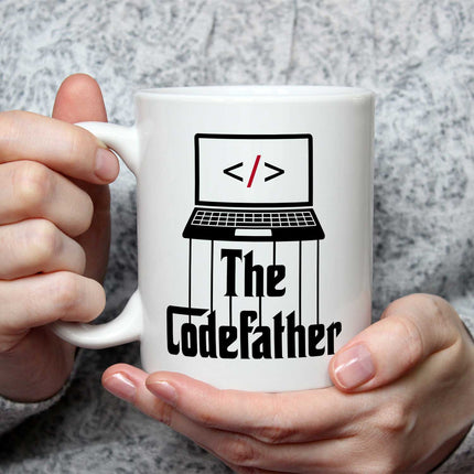 SEO. Bedruckte Tasse mit Spruch - The Codefather - Weiß Linkreich