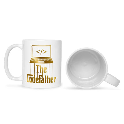 SEO. Bedruckte Tasse mit Spruch - The Codefather - Gold - Weiß Linkreich