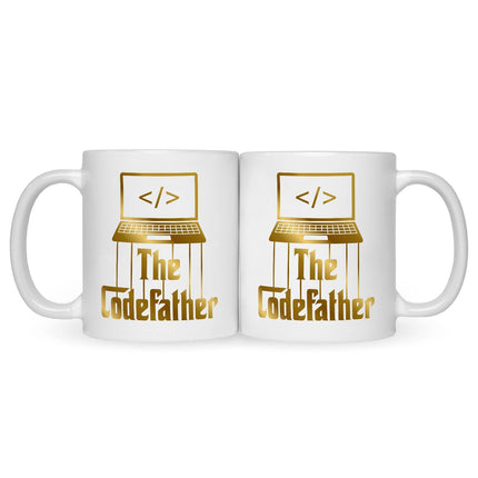 SEO. Bedruckte Tasse mit Spruch - The Codefather - Gold - Weiß Linkreich