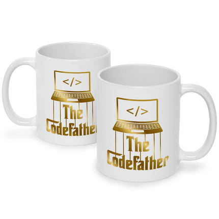 SEO. Bedruckte Tasse mit Spruch - The Codefather - Gold - Weiß Linkreich