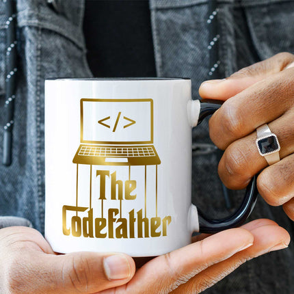 SEO. Bedruckte Tasse mit Spruch - The Codefather - Gold - Schwarz & Weiß Linkreich