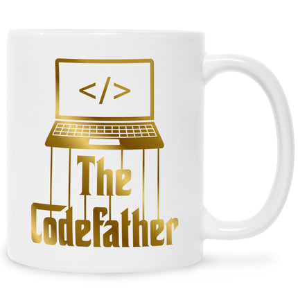 SEO. Bedruckte Tasse mit Spruch - The Codefather - Gold - Weiß Linkreich
