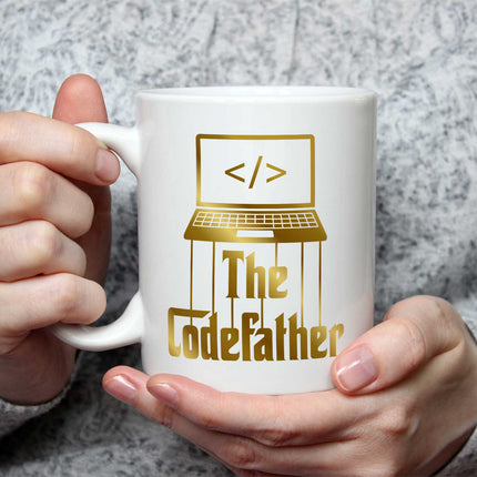 SEO. Bedruckte Tasse mit Spruch - The Codefather - Gold - Weiß Linkreich