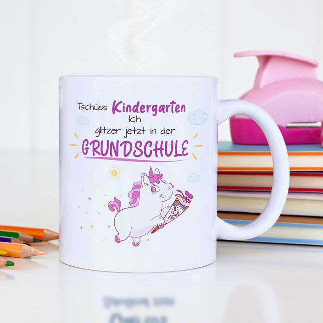 SEO. Bedruckte Tasse mit Spruch - Tschüss Kindergarten ich glitzer in der Grundschule - Weiß Linkreich