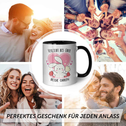 SEO. Bedruckte Tasse mit Spruch - Verliebt bis über beide Ohren - Schwarz & Weiß Linkreich