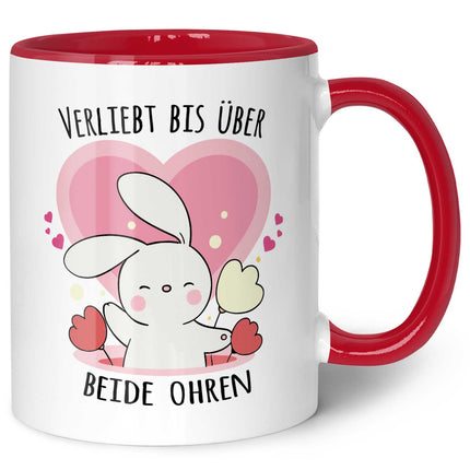 SEO. Bedruckte Tasse mit Spruch - Verliebt bis über beide Ohren - Rosa Linkreich