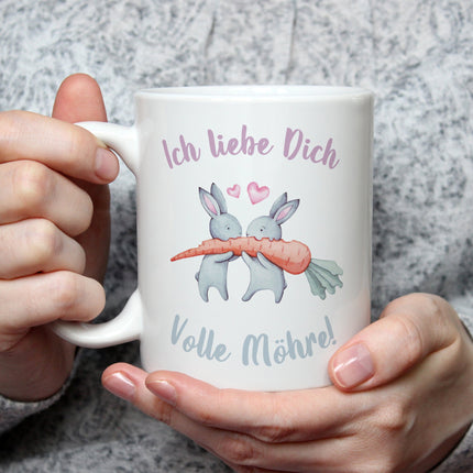 SEO. Bedruckte Tasse mit Spruch Volle Möhre - Weiß Linkreich