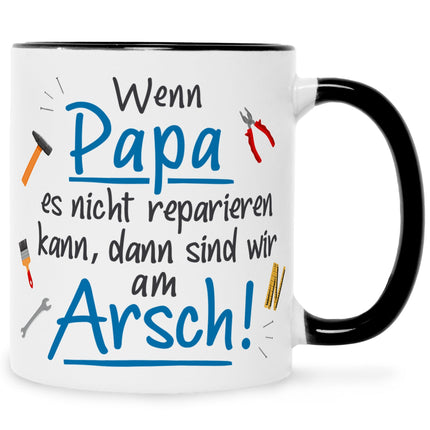SEO. Bedruckte Tasse mit Spruch Wenn Papa es nicht reparieren kann - Schwarz & Weiß Linkreich