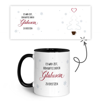 SEO. Bedruckte Tasse mit Weihnachtsmotiv - Es wird Zeit den Kaffee durch Glühwein - Schwarz & Weiß Linkreich