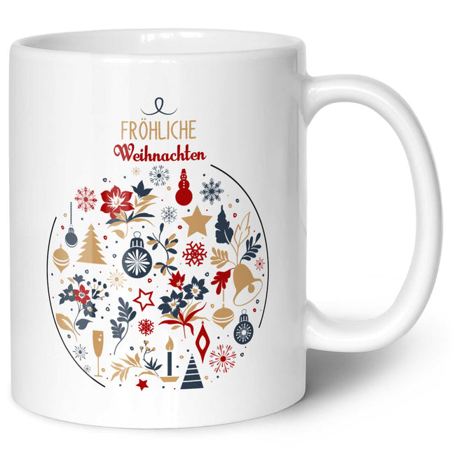 SEO. Bedruckte Tasse mit Weihnachtsmotiv - Fröhliche Weihnachtskugel - Weiß Linkreich