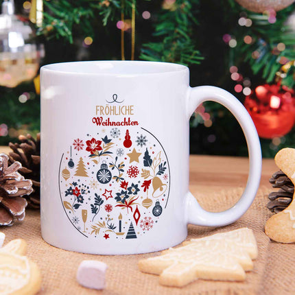 SEO. Bedruckte Tasse mit Weihnachtsmotiv - Fröhliche Weihnachtskugel - Weiß Linkreich