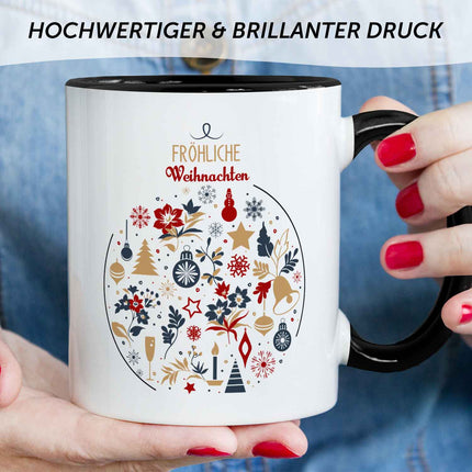 SEO. Bedruckte Tasse mit Weihnachtsmotiv - Fröhliche Weihnachtskugel - Schwarz & Weiß Linkreich
