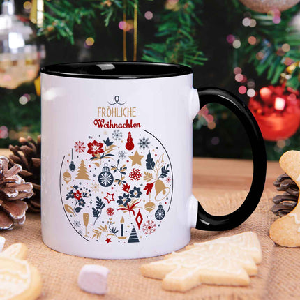 SEO. Bedruckte Tasse mit Weihnachtsmotiv - Fröhliche Weihnachtskugel - Schwarz & Weiß Linkreich
