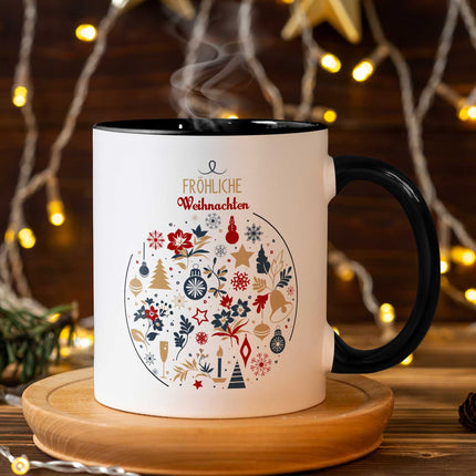 SEO. Bedruckte Tasse mit Weihnachtsmotiv - Fröhliche Weihnachtskugel - Weiß Linkreich