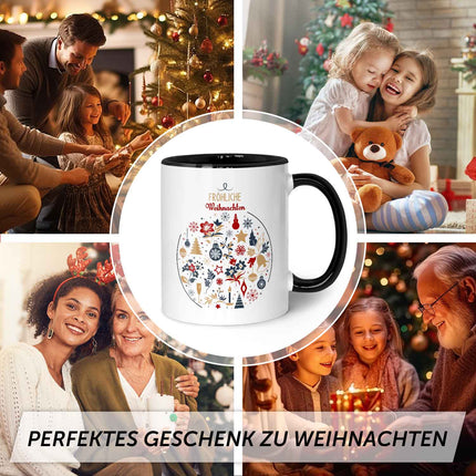 SEO. Bedruckte Tasse mit Weihnachtsmotiv - Fröhliche Weihnachtskugel - Schwarz & Weiß Linkreich