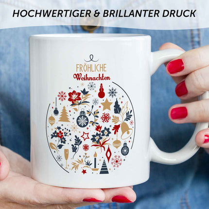 SEO. Bedruckte Tasse mit Weihnachtsmotiv - Fröhliche Weihnachtskugel - Weiß Linkreich