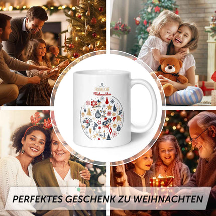SEO. Bedruckte Tasse mit Weihnachtsmotiv - Fröhliche Weihnachtskugel - Weiß Linkreich