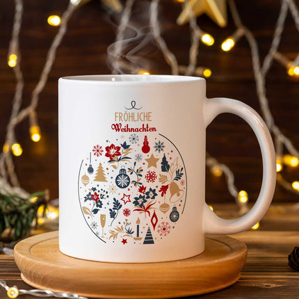 SEO. Bedruckte Tasse mit Weihnachtsmotiv - Fröhliche Weihnachtskugel - Weiß Linkreich