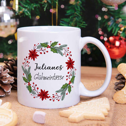 SEO. Bedruckte Tasse mit Weihnachtsmotiv - Glühweintasse - personalisiert mit Namen - Weiß Linkreich