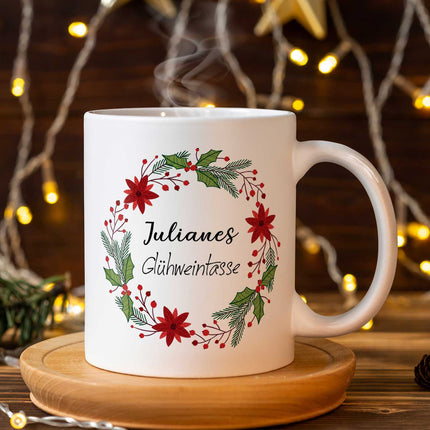 SEO. Bedruckte Tasse mit Weihnachtsmotiv - Glühweintasse - personalisiert mit Namen - Weiß Linkreich