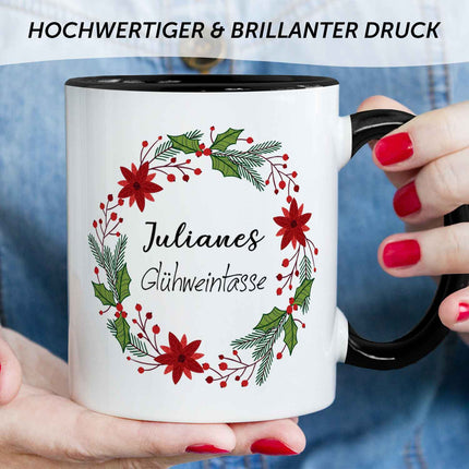 SEO. Bedruckte Tasse mit Weihnachtsmotiv - Glühweintasse - personalisiert mit Namen - Schwarz & Weiß Linkreich