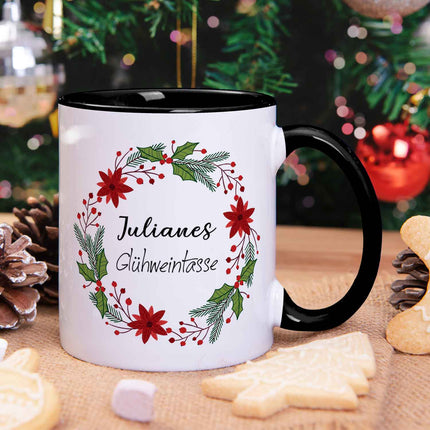 SEO. Bedruckte Tasse mit Weihnachtsmotiv - Glühweintasse - personalisiert mit Namen - Schwarz & Weiß Linkreich