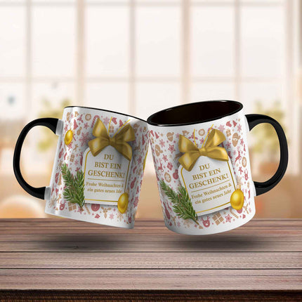SEO. Bedruckte Tasse mit Weihnachtsmotiv im Du bist ein Geschenk Design - Schwarz & Weiß Linkreich
