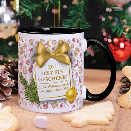 SEO. Bedruckte Tasse mit Weihnachtsmotiv im Du bist ein Geschenk Design - Schwarz & Weiß Linkreich
