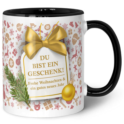 SEO. Bedruckte Tasse mit Weihnachtsmotiv im Du bist ein Geschenk Design - Schwarz & Weiß Linkreich