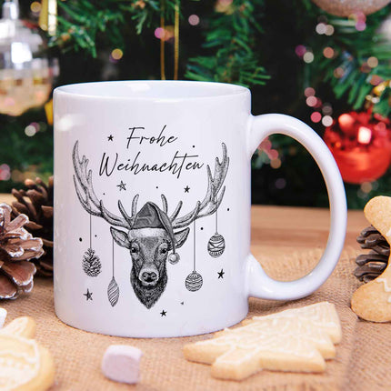 SEO. Bedruckte Tasse mit Weihnachtsmotiv im Frohe Weihnachten Elch Design - Weiß Linkreich