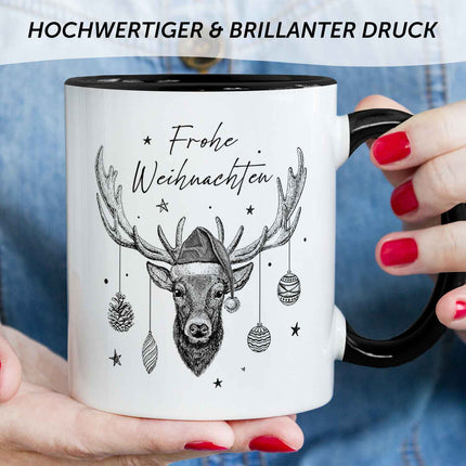 SEO. Bedruckte Tasse mit Weihnachtsmotiv im Frohe Weihnachten Elch Design - Schwarz & Weiß Linkreich