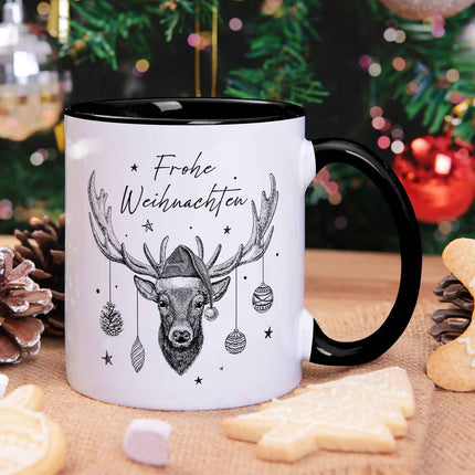 SEO. Bedruckte Tasse mit Weihnachtsmotiv im Frohe Weihnachten Elch Design - Schwarz & Weiß Linkreich