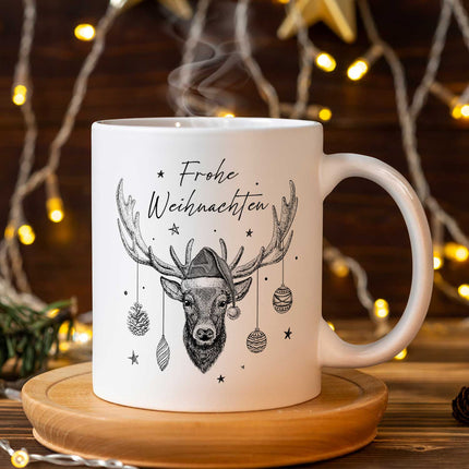SEO. Bedruckte Tasse mit Weihnachtsmotiv im Frohe Weihnachten Elch Design - Weiß Linkreich