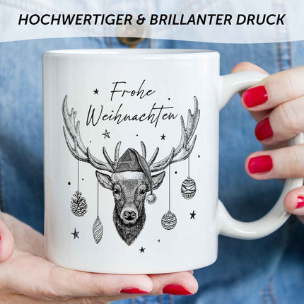 SEO. Bedruckte Tasse mit Weihnachtsmotiv im Frohe Weihnachten Elch Design - Weiß Linkreich