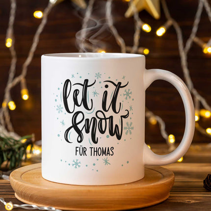 SEO. Bedruckte Tasse mit Weihnachtsmotiv im Let it Snow Design - Weiß Linkreich