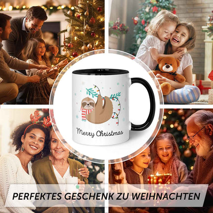 SEO. Bedruckte Tasse mit Weihnachtsmotiv im Merry Christmas Faultier Design - Schwarz & Weiß Linkreich