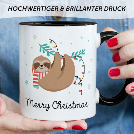 SEO. Bedruckte Tasse mit Weihnachtsmotiv im Merry Christmas Faultier Design - Schwarz & Weiß Linkreich