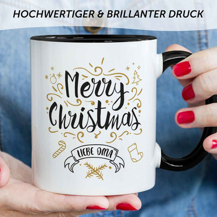 SEO. Bedruckte Tasse mit Weihnachtsmotiv im Merry Christmas Liebe Oma Design - Schwarz & Weiß Linkreich