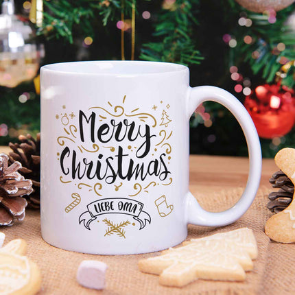 SEO. Bedruckte Tasse mit Weihnachtsmotiv im Merry Christmas Liebe Oma Design - Weiß Linkreich