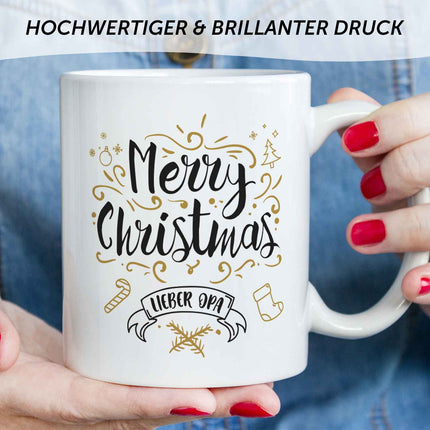 SEO. Bedruckte Tasse mit Weihnachtsmotiv im Merry Christmas Lieber Opa Design - Weiß Linkreich