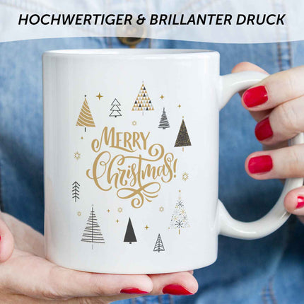 SEO. Bedruckte Tasse mit Weihnachtsmotiv im Weihnachtsbäume Design - Weiß Linkreich