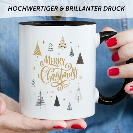 SEO. Bedruckte Tasse mit Weihnachtsmotiv im Weihnachtsbäume Design - Schwarz & Weiß Linkreich