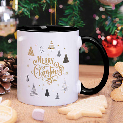 SEO. Bedruckte Tasse mit Weihnachtsmotiv im Weihnachtsbäume Design - Schwarz & Weiß Linkreich