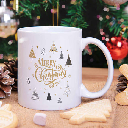 SEO. Bedruckte Tasse mit Weihnachtsmotiv im Weihnachtsbäume Design - Weiß Linkreich